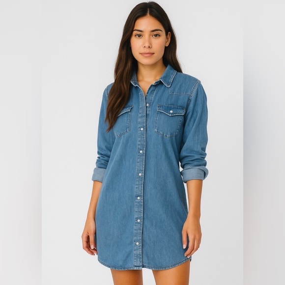 OLD NAVY~ XL Tall Blue Denim Shirt Dress Snap Front Long Sleeve 100% Cotton - Picture 2 of 7